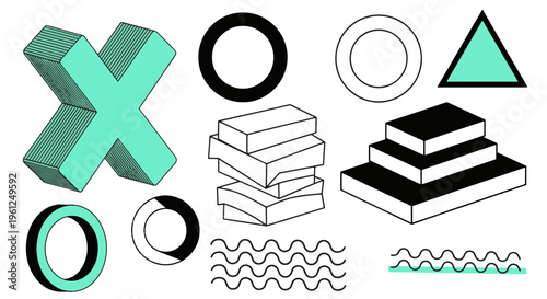 Geometric Shapes in Aqua Blue and Black 3d Isometric Style Abstract Art