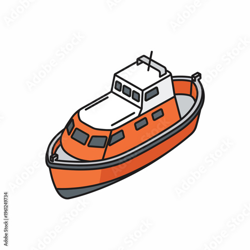Small orange boat with cabin.
