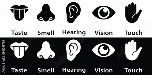 Five Human Senses Icon Set Featuring Taste Tongue, Smell Nose, Hearing Ear, Vision Eye and Touch Hand Symbols in Black and White Line Style for Sensory Perception, Human Anatomy Education and Medical 