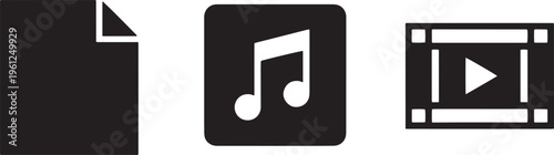 Assortment of black file icons including a blank document, musical note, and film strip video player.
