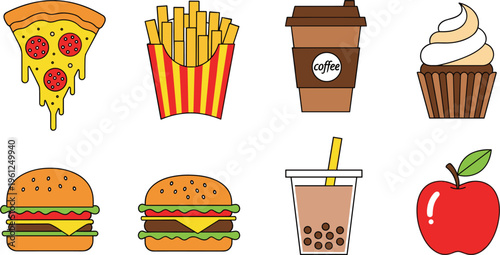 Collection of fast food vector icons including pizza fries coffee cupcake burgers bubble tea and apple illustrations