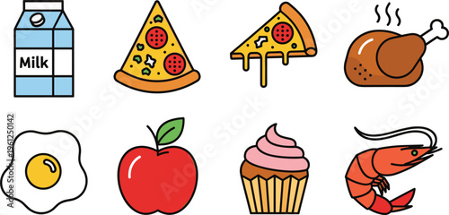  Collection of food vector icons including milk pizza fried egg apple cupcake chicken shrimp and cheese slice illustrations