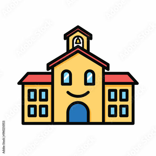 Smiling school building cartoon character.
