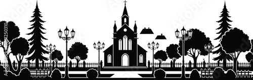 Black and white church landscape with trees street lamps fence and symmetrical garden scenic countryside silhouette illustration