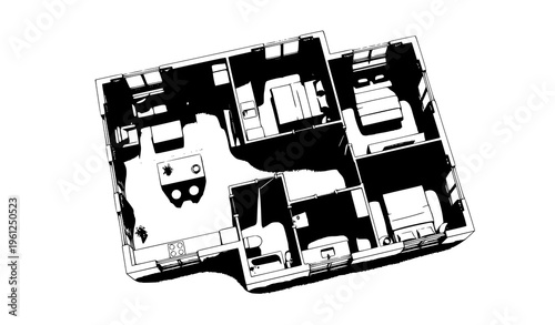 Minimalist 3D House Layout Top View Monochrome Floor Plan Vector
