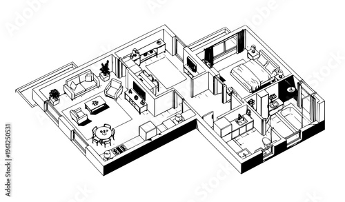 Black and White 3D Home Floor Plan Top View Architectural Illustration