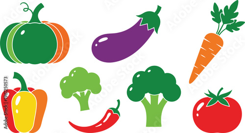  Collection of fresh vegetable vector icons including pumpkin eggplant carrot peppers broccoli chili and tomato illustrations set
