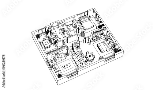 Architectural 3D Residential Floor Plan Top View Black and White Illustration