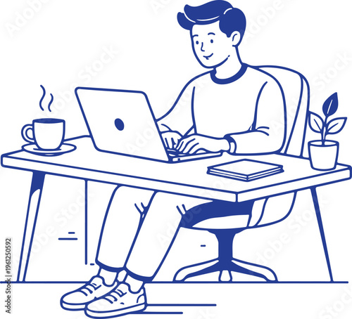 A young man works on a laptop at a desk with a coffee cup