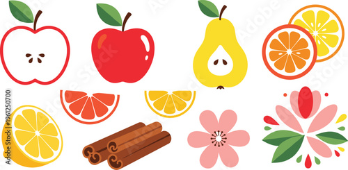 Collection of fruit and floral vector icons including apples pear citrus slices cinnamon sticks and decorative flowers illustrations