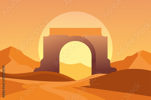 Desert Arch Glowing Under Golden Evening Sun Landscape