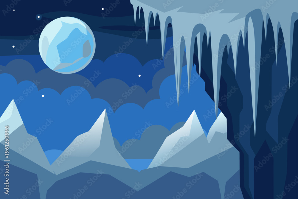 Obraz premium Icicles Hanging From Rocky Cliff Under Moonlight Scene
