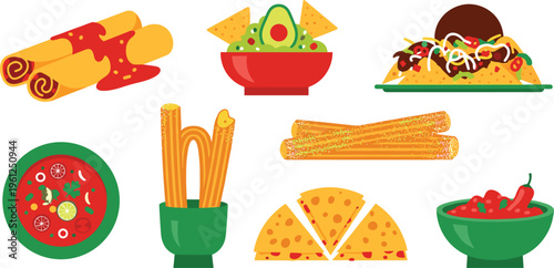  Collection of Mexican food vector icons including tacos nachos churros burritos soup guacamole and tortilla dishes illustrations