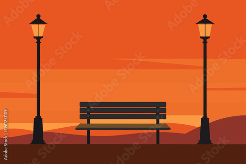 Park Bench Under Lamppost Against Orange Sunset Sky