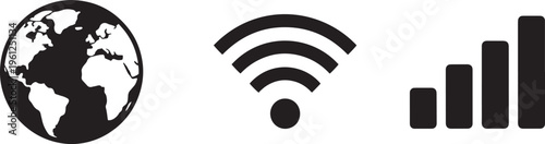 Earth continents wifi signal and bar chart icons representing global connection wireless technology and data analytics.