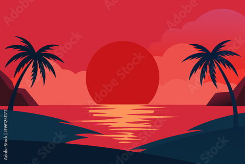 Red Sun Casting Warm Glow On Tranquil Tropical Bay