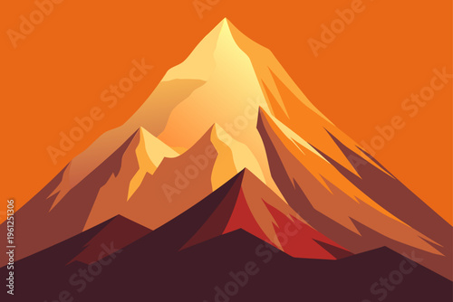 Snow Capped Peak Glowing In Orange Sunset Light Scene