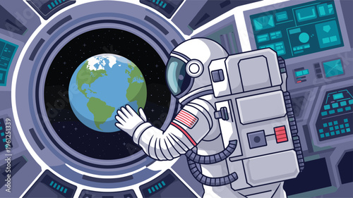 Cartoon astronaut in a white spacesuit with American flag patch reaching towards planet Earth through a spaceship window with detailed control panels