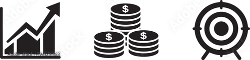 Business graph with upward arrow coins and target icons symbolizing growth investment and success.