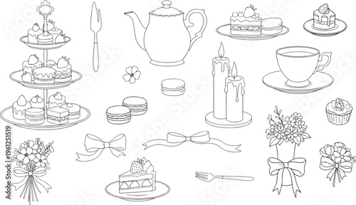 Line art vector set of afternoon tea, cupcakes, macarons, and floral decor