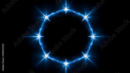 Glowing blue ring with starburst lights on black background cosmic circle
