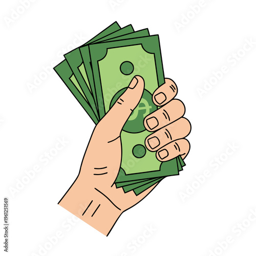 Hand holding stack of cash bills in white background
