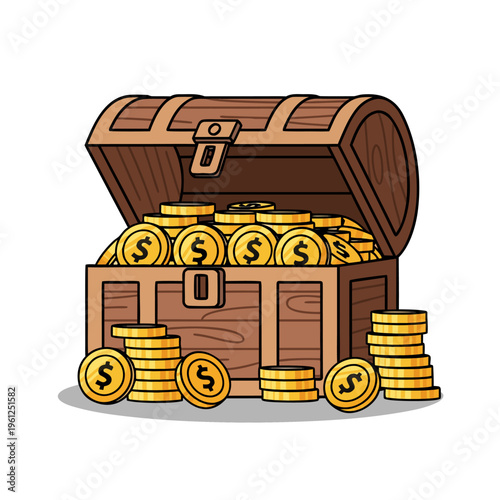 Treasure chest overflowing with gold coins on white background
