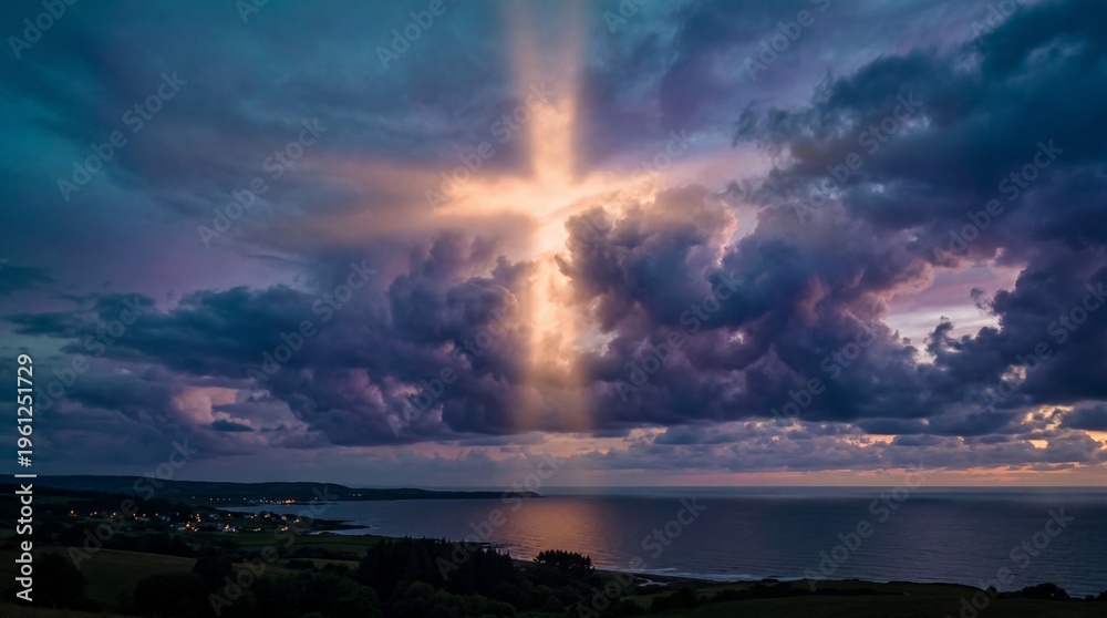 Obraz premium Divine Light Over Coastal Landscape at Dusk
