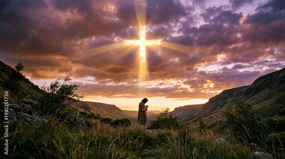 Fototapeta premium Man Praying Under Divine Light Cross in Valley