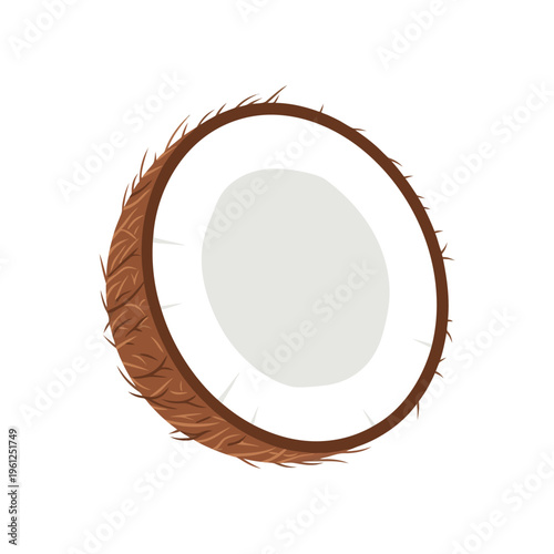 Coconut half displaying white flesh on white background