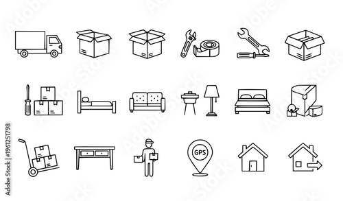 Relocation and Moving Outline Icons – Linear Vector Collection