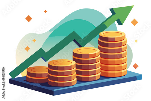 Stacks of coins rising with green arrow on chart background