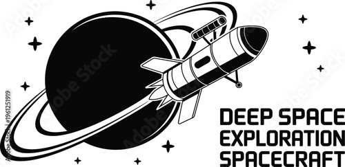 Retro rocket ship blasting off near a ringed planet with stars in a black and white deep space spaceship