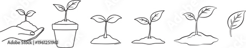 Line art vector set of plant growth stages, seedlings, and potting isolated