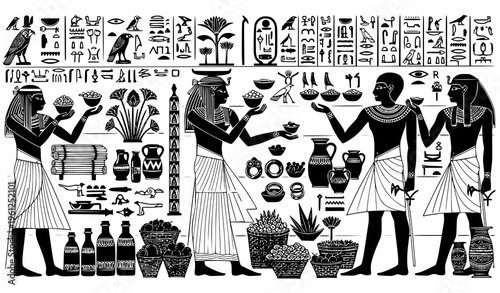 Ancient Egypt Tomb Wall Vector – Trade Culture and Hieroglyphs in Ramses’ Chamber