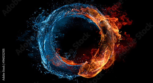 Vibrant ring of fire and water swirling together in a dynamic motion on a black background