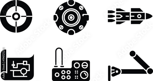 Set of six black and white representing space technology and engineering concepts including a target a satellite a rocket and a robotic arm