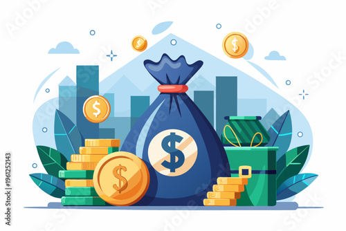 Money bag and coins arranged on urban financial backdrop