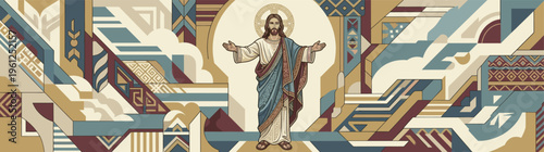 Jesus Christ with outstretched arms, depicted in a contemporary spiritual illustration with abstract geometric patterns, symbolizing faith, divine welcome, and hope for Christian designs.