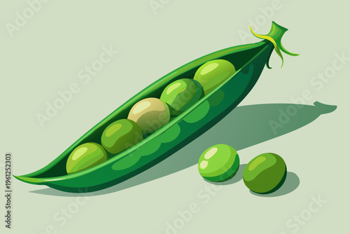 Green peas arranged inside open pod on flat surface