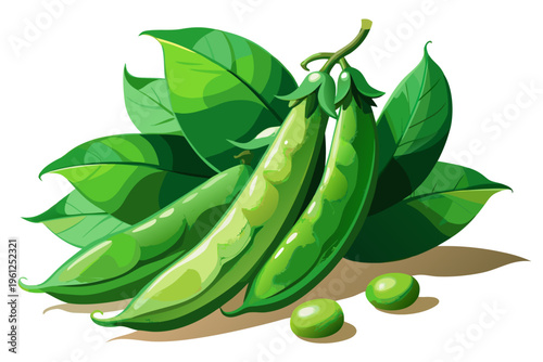 Green pea pods clustered with leaves on white surface