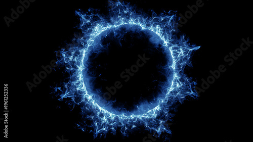 Electric blue lightning circle on black background for design and illustration