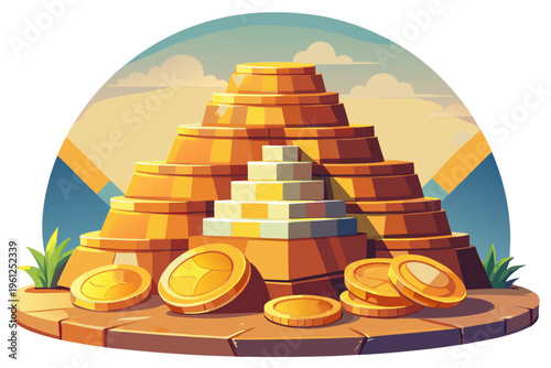 Tiered gold ingot pyramid with coins on stone platform