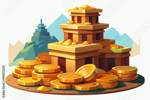 Gold coins piled around stepped treasure temple in mountain setting