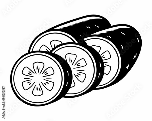 Cucumber rounds and partial cucumber pieces on white illustration