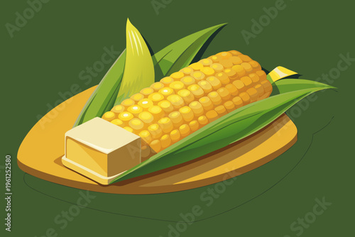 Ear of corn topped with butter on wooden board on green background