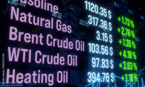 Strong rising gas and crude oil prices, abstract screen, energy crisis. Commodity trading, stock market, exchange, risk, analyzing, trading strategy, oil industry.