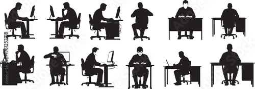Black silhouettes of office workers and freelancers at desks isolated