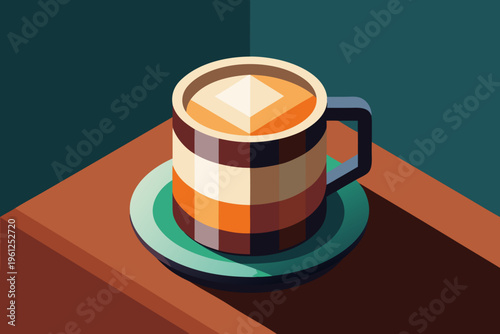 Striped coffee cup resting on tabletop with long shadow