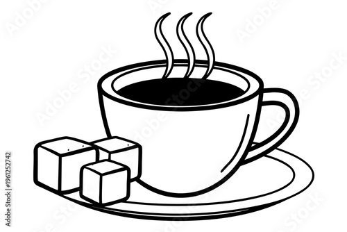 Coffee cup steaming beside sugar cubes on white saucer